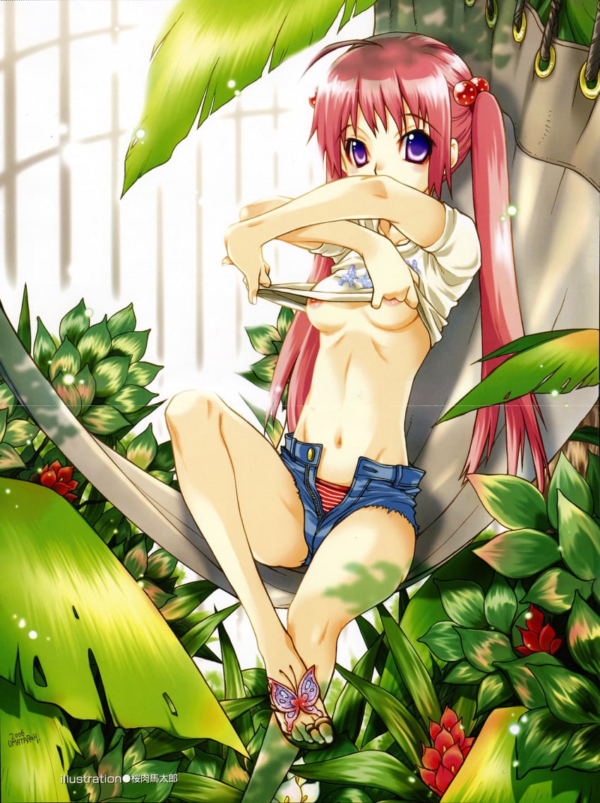 blue_eyes breasts butterfly female flower hammock nipples oppai pink_hair plant sakuraniku_umatarou tagme