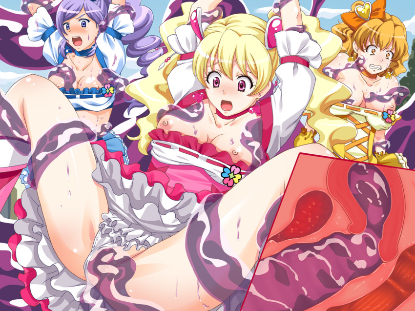 3girls aono_miki artist_request blonde_hair blush body_invasion breasts brown_eyes censored clenched_teeth clothed_sex clothing cross_section cure_berry cure_peach cure_pine dress dress_lift female fresh_precure! fresh_pretty_cure! futari_wa_pretty_cure long_hair magical_girl momozono_love multiple_girls open_mouth oppai panties panties_aside panty_pull penetration precure pretty_cure purple_tentacles pussy rape restrained shirt shirt_pull slime_monster small_breasts spread_legs tears tentacle tentacle_rape translucent_tentacles uterus vaginal_penetration wide_eyed x-ray yamabuki_inori