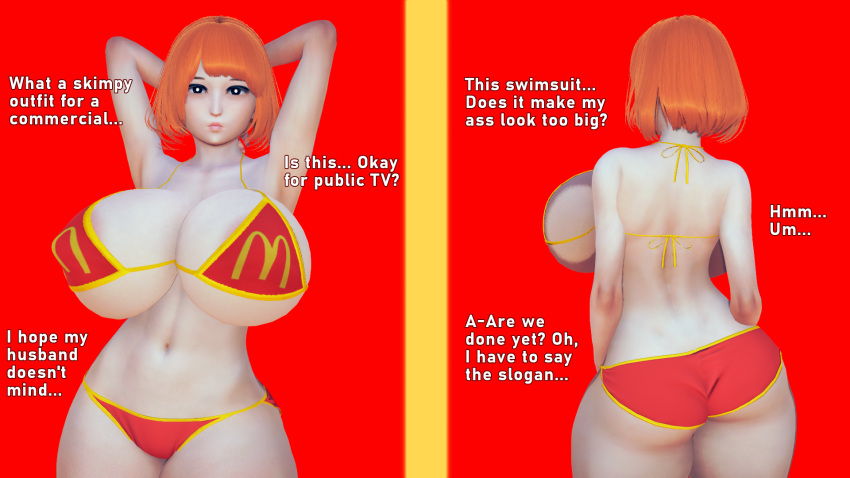 1girls 3d alternate_body_type alternate_breast_size armpits arms_behind_head ass back_view big_ass big_breasts big_butt bikini bob_cut breasts busty butt curvaceous curvy curvy_female curvy_figure english english_text female female_only hands_behind_head huge_breasts large_breasts mcdonald's milf mom_(japanese_mcdonald's_commercial) mother navel orange_hair pose posing purperv sensual solo text voluptuous yoru_mac