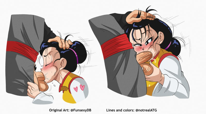 1boy 1girls 2023 black_eyes black_hair blowjob blush cheek_bulge chichi color deepthroat dragon_ball dragon_ball_super edit fellatio female funsexydragonball goku_black hair_bun heart holding_balls holding_hair holding_head light-skinned_female light-skinned_male light_skin loose_hair love_heart male milf notrealatg saliva shounen_jump