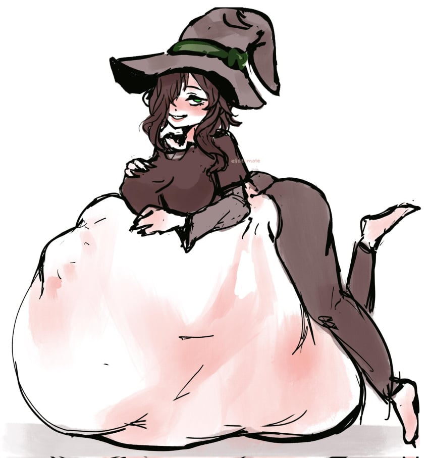 ass barefoot big_breasts big_breasts big_butt breasts breasts elicitie female female_pred green_eyes laying_on_belly mass_vore vore witch witch_hat