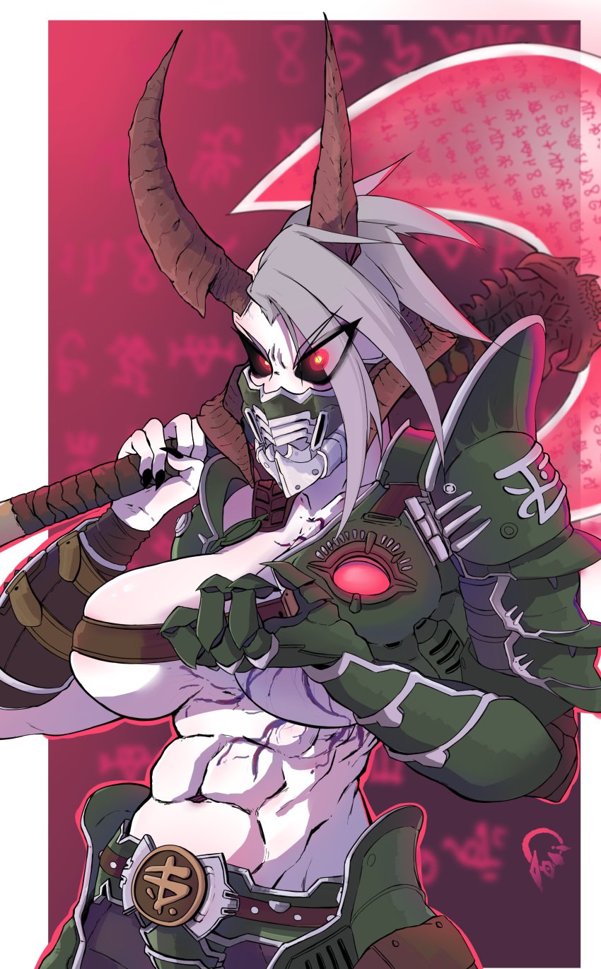 big_breasts demon demon_girl doom doom_eternal girl horn horns marauder_(doom) mommy muscular muscular_female red_eyes rule_63 white_hair white_skin