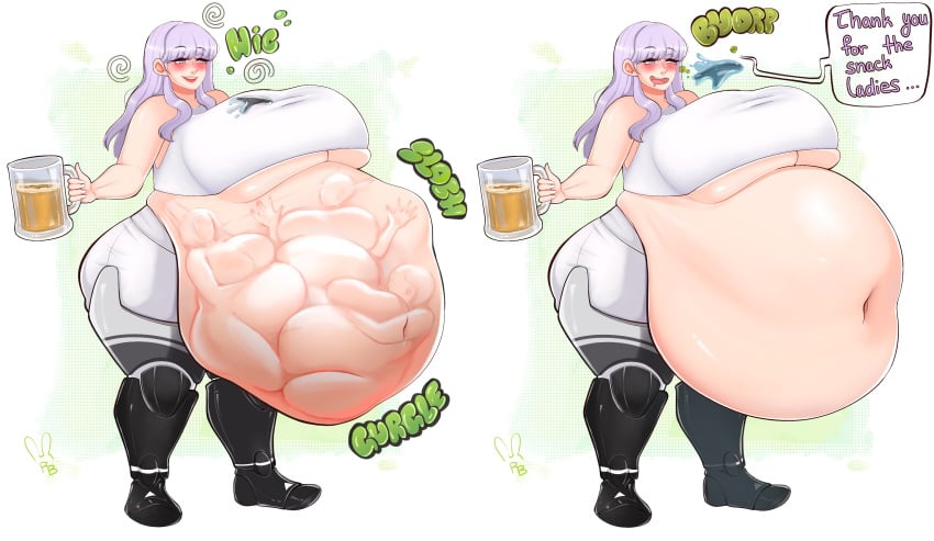 ass beer belch belching belly big_belly big_breasts big_butt breasts burp burping digested digested_prey digestion drunk english_text female female_focus female_pred huge_belly mass_vore pink_hair post_digestion post_vore rabidbunny text thick_thighs thighs vore vore_belly