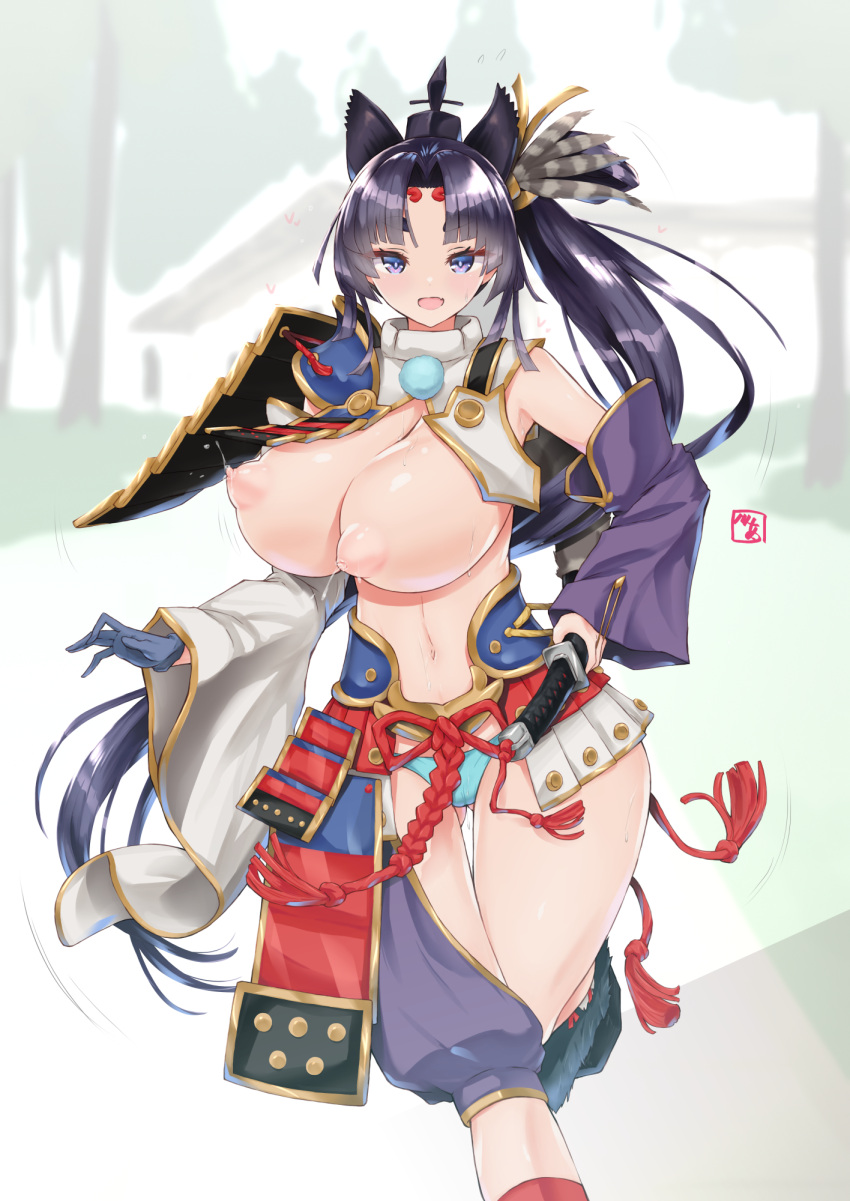 alternate_breast_size armor asymmetrical_clothes asymmetrical_sleeves bea_(adfhbcf4326) black_hair blue_eyes blue_gloves blue_panties braid breast_curtains breast_expansion breasts commentary_request detached_sleeves fate/grand_order fate_(series) feather_hair_ornament feathers female gloves hair_ornament hat highres holding holding_sheath holding_sword holding_weapon japanese_armor katana kusazuri lactation large_breasts long_hair looking_at_viewer mismatched_sleeves navel nipples open_mouth panties parted_bangs pom_pom_(clothes) purple_sleeves revealing_clothes sheath shoulder_armor side_ponytail simple_background single_braid single_pantsleg smile sode solo sword tassel tate_eboshi underwear ushiwakamaru_(fate) very_long_hair weapon white_sleeves wide_sleeves