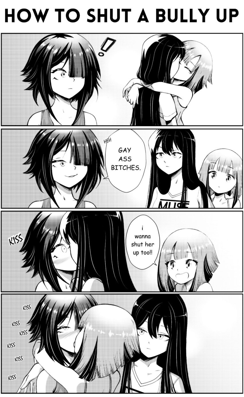 3girls ahe_gao blush bully closed_eyes comic english_text eyes_rolling_back female female_only french_kiss funny grs- heart hug kissing monochrome muse_(band) original profanity text_bubble tongue tongue_out wide_eyed yuri