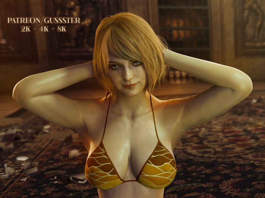 1girls 3d ashley_graham ashley_graham_(ella_freya) big_breasts bikini cute cute_face eye_contact gussster resident_evil resident_evil_4 resident_evil_4_remake self_upload wet wet_body wet_skin