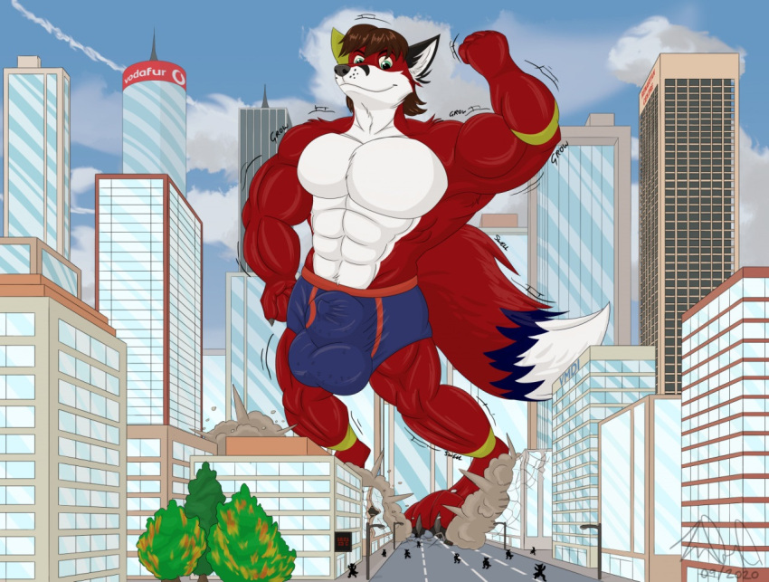 anthro bulge canid canine city city_destruction fox growth iliakitsune macro male mammal muscular size size_growth