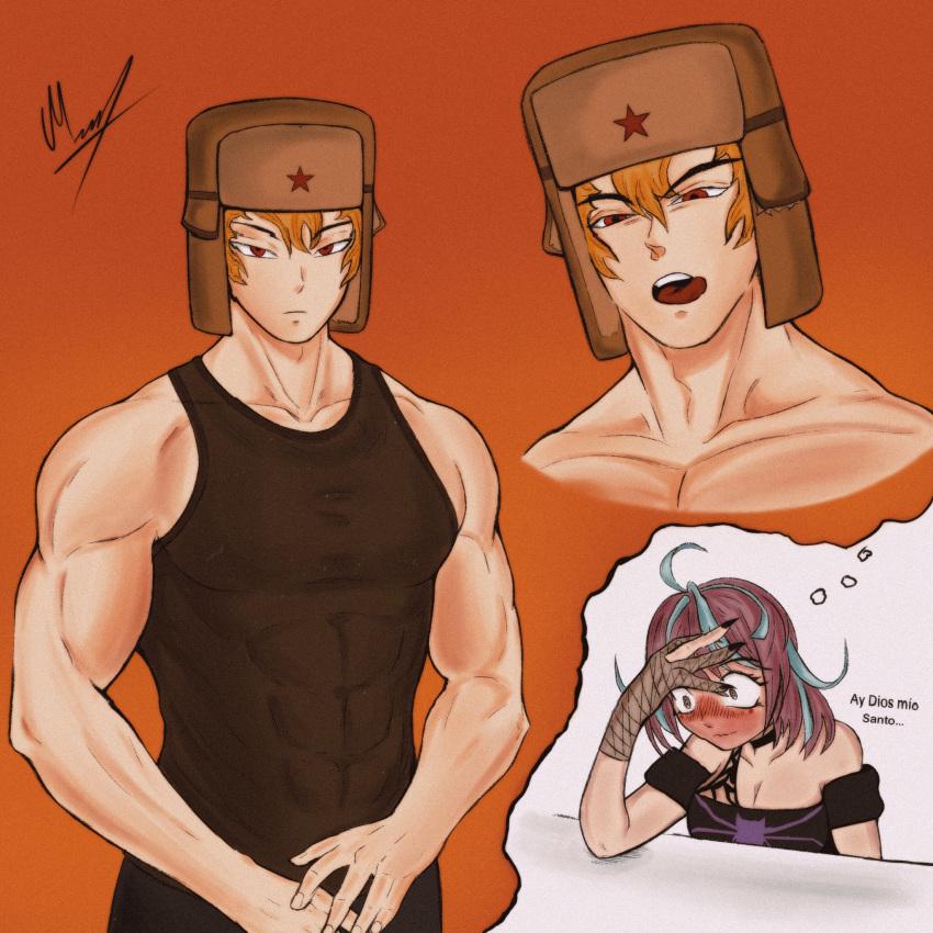 1boy 1girls blush emikukis female hispanic_virtual_youtuber just_nova male male_focus markitosart20 muscular muscular_male owozu virtual_youtuber youtube youtube_hispanic