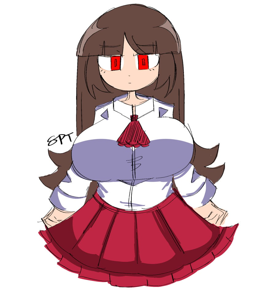 1girls aged_up ascot brown_hair collared_shirt female female_only gore_encore huge_breasts ib ib_(character) long_hair pleated_skirt red_ascot red_eyes red_skirt solo solo_female white_shirt