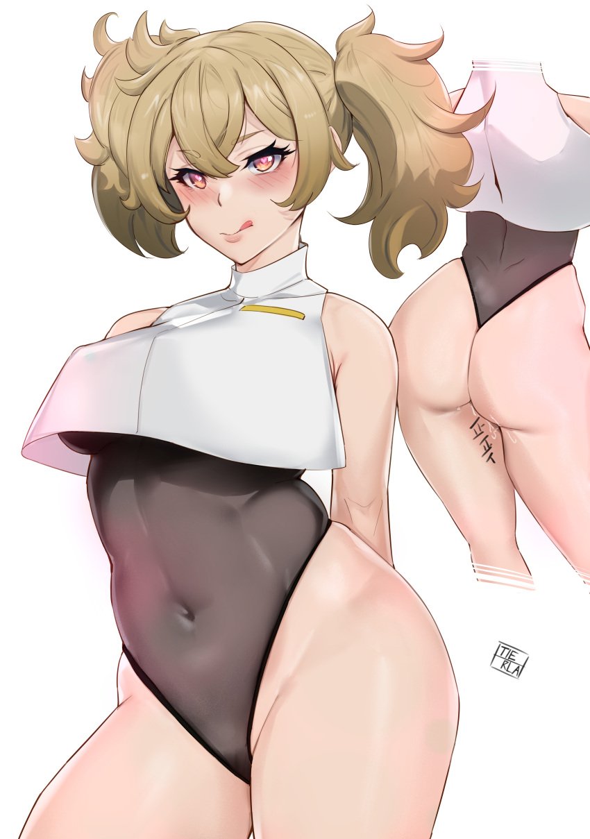 1girls 2022 :q absurdres alternate_version_available artist_logo artist_name ass black_one-piece_swimsuit body_writing breasts brown_eyes closed_mouth contrapposto covered_navel crop_top crossed_bangs female gundam gundam_suisei_no_majo hair_between_eyes heart-shaped_pupils highleg highleg_swimsuit highres horny light_brown_hair medium_breasts multiple_views one-piece_swimsuit pussy_juice pussy_juice_drip renee_costa shirt simple_background sleeveless sleeveless_shirt standing swimsuit thighs tierla tongue tongue_out twintails wet_pussy white_background