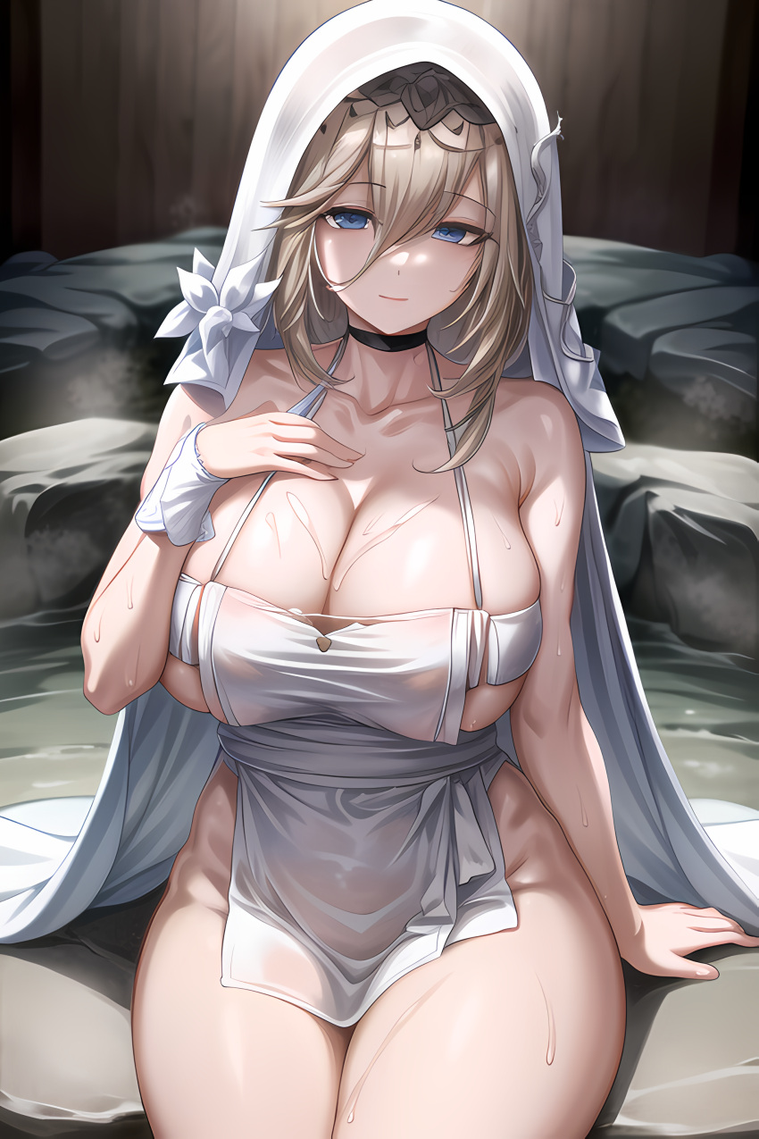 ai_generated aponia_(honkai_impact) apron bangs blonde_hair blue_eyes breasts choker cleavage edosynf female hair_between_eyes highres honkai_(series) honkai_impact_3rd large_breasts looking_at_viewer sitting solo thighs veil