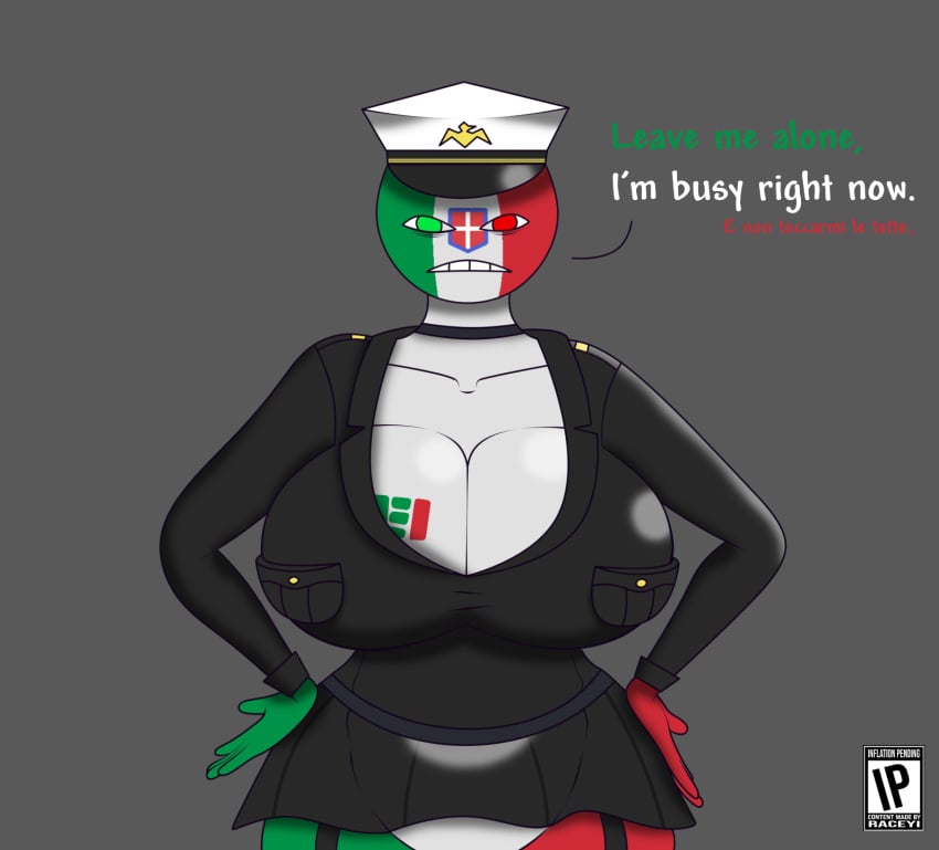 angry angry_face breast_focus breasts countryhumans countryhumans_girl english_text fascist_italy_(countryhumans) female_only foreign_text hands_on_hips huge_breasts italian_text italy italy_(countryhumans) kingdom_of_italy nazi_uniform raceyi_(artist)