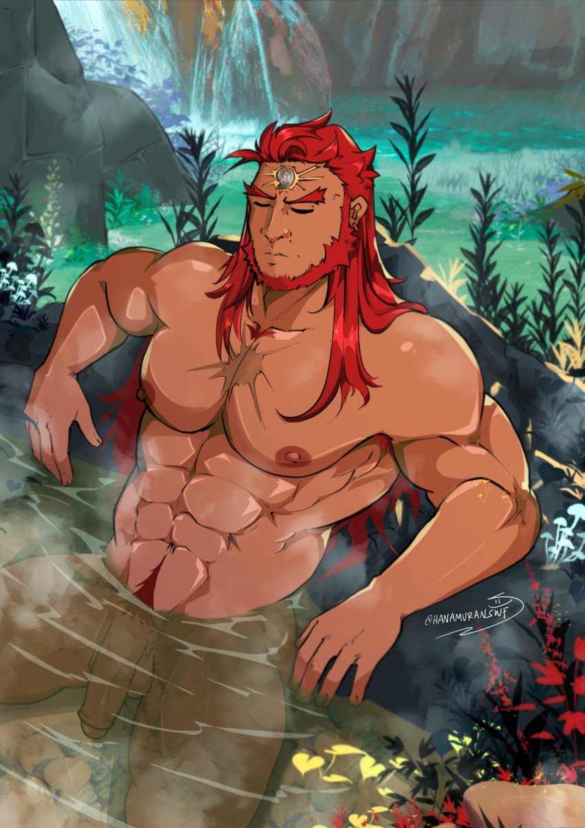 abs balls bara beard closed_eyes daddy flaccid ganondorf ganondorf_(tears_of_the_kingdom) hair hanamuransfw hot_spring long_hair male_only muscular muscular_human muscular_male navel nipples nude pecs penis red_hair relaxing signature solo tears_of_the_kingdom the_legend_of_zelda water