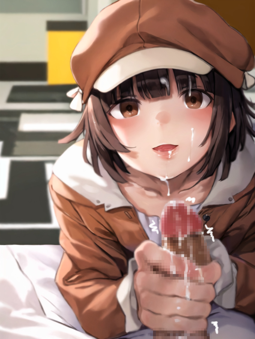 ai_generated bakemonogatari brown_hair censored cum hand_on_penis handjob monogatari_(series) sengoku_nadeko thermos_wi