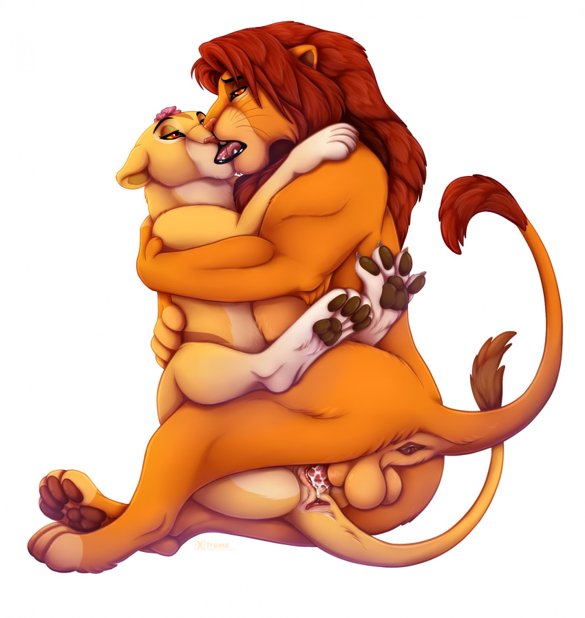 balls bodily_fluids cum cum_inside disney duo fan_character felid female feral feral_on_feral french_kissing genital_fluids genitals hi_res kissing lion loving_embrace loving_gaze male male/female mammal pantherine pawpads paws penetration simba tail_anus the_lion_king vaginal_penetration xtreme3246