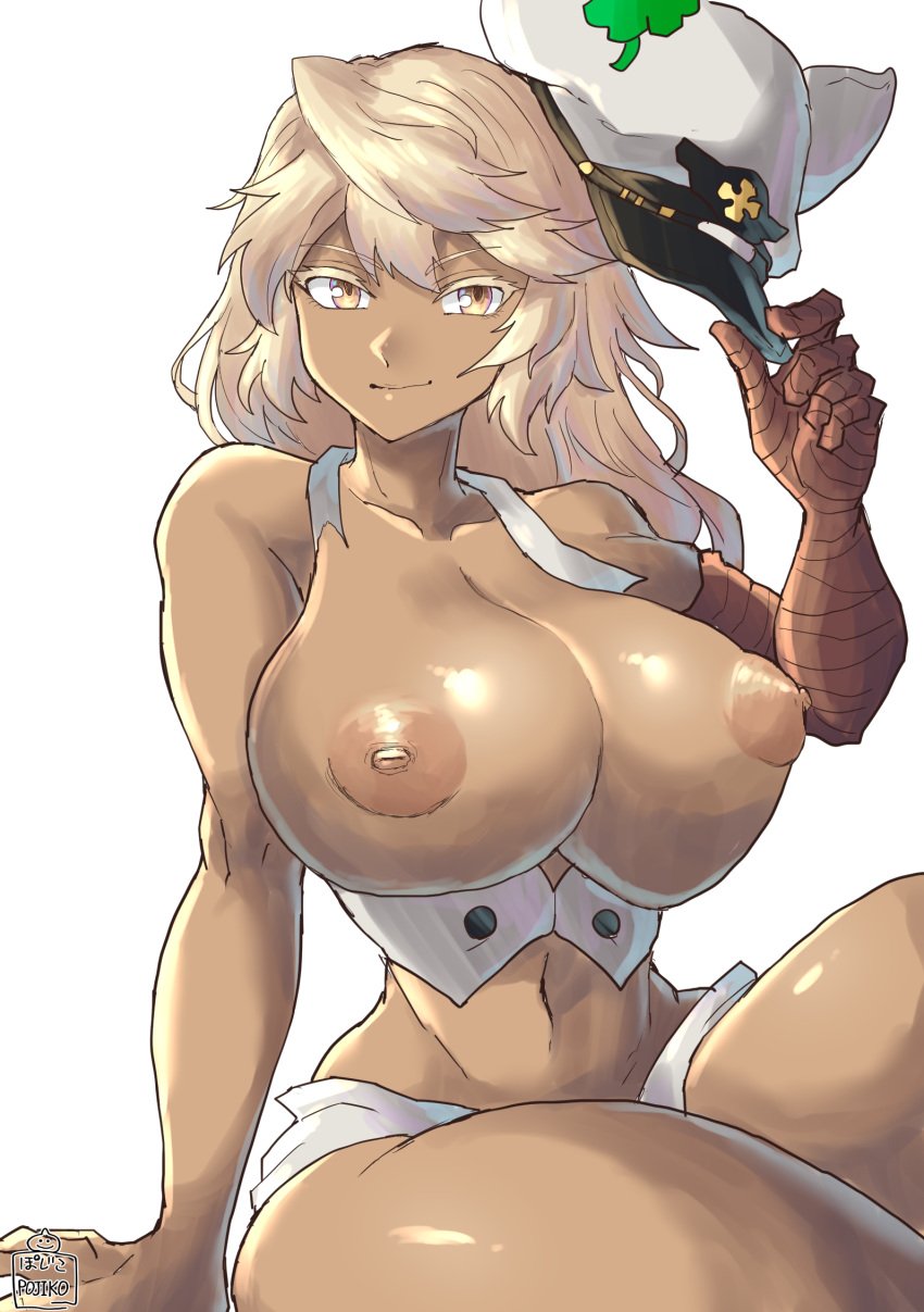 1girls alternate_breast_size arc_system_works big_breasts blonde_hair breasts chikoinochi dark-skinned_female dark_skin female_only guilty_gear guilty_gear_strive hat holding_object huge_breasts large_breasts looking_at_viewer nipples ramlethal_valentine smile solo thick_thighs torn_clothes