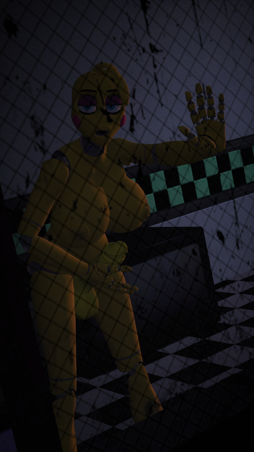 3d behind_glass big_breasts big_penis blue_eyes fapping five_nights_at_freddy's futa_only futanari garry's_mod looking_at_viewer masturbate masturbation nude nude_futanari open_mouth room solo standing toy_chica_(fnaf) yellow_body