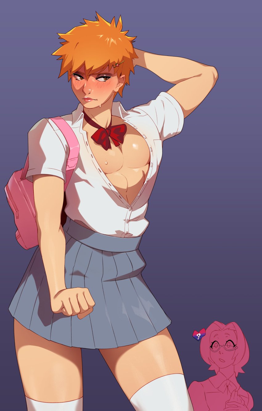 1boy absurd_res backpack bleach blush character_in_background chizuru_honsho combos-n-doodles crossdressing embarrassed femboy girly hand_behind_head honshou_chizuru ichigo_kurosaki male male_only neck_ribbon open_shirt orange_eyes pectorals school_uniform short_hair sissy skirt thighhighs white_thighhighs