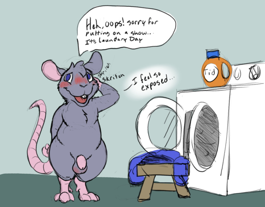 balls exhibitionism exposed fisk24 fisky_(fisk24) genitals hi_res laundry laundry_machine laundry_room male male_only mammal murid murine nude penis presenting rat rodent speech_bubble text