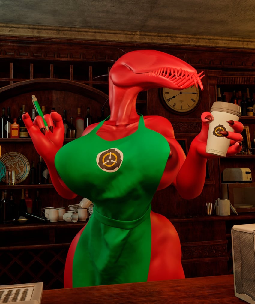 3d 4_fingers apron apron_only areola areolae barista breasts dark_nipples holding_cup holding_object holding_pen hourglass_figure iced_latte_with_breast_milk large_breasts meme nightmare_waifu nipples psycho-john psychojohn2 scp-939 scp_foundation scp_logo sharp_teeth starbucks