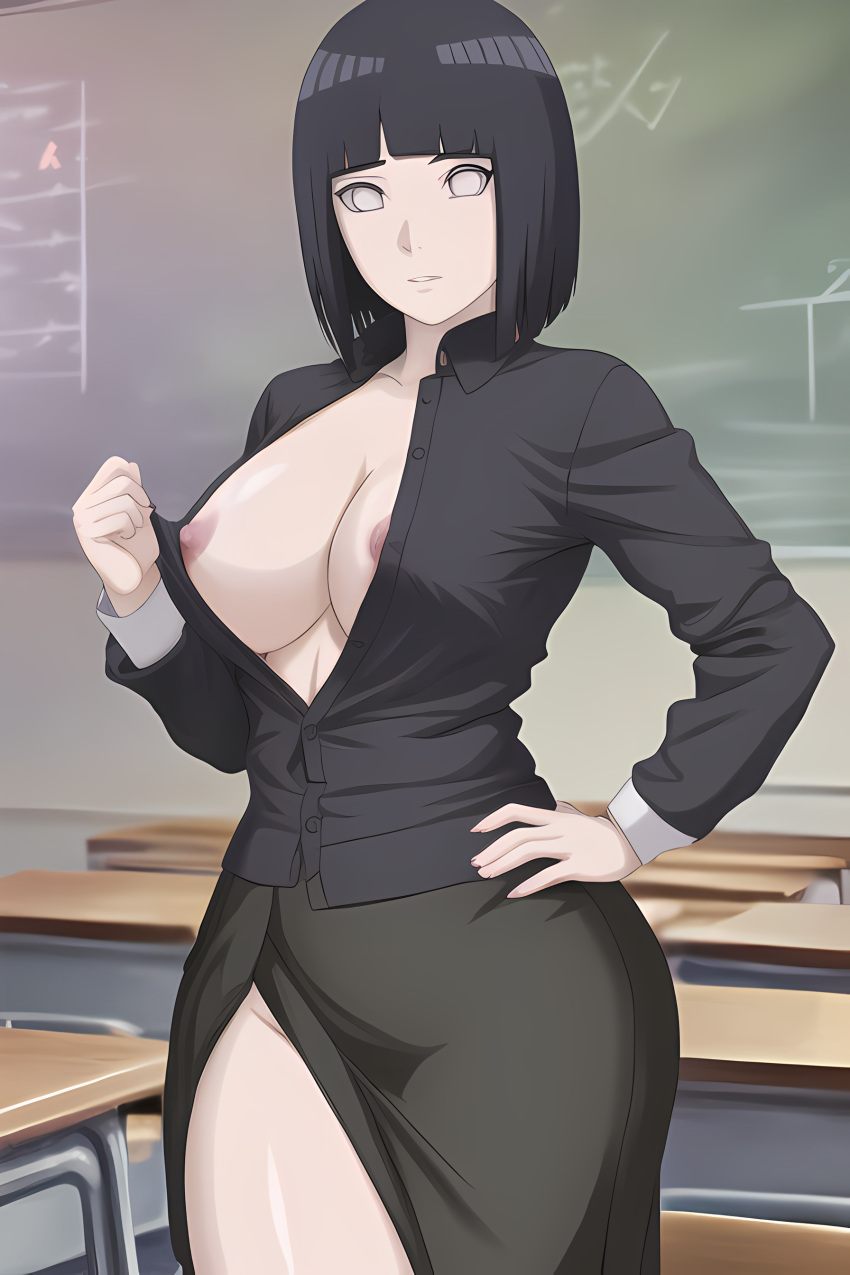 1girls ai_generated black_clothing black_hair boruto:_naruto_next_generations breasts classroom curvy female hand_on_hip hi_res highres hyuuga_hinata mature_female milf naked naruto nipples nude pixai short_hair stripping teacher white_eyes