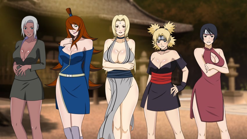 5girls adult age_difference bare_legs bare_shoulders barely_clothed black_hair blonde_hair brown_hair cleavage corruption crossed_arms dress empty_eyes feet_out_of_frame female female_only headband human kimono kunoichi kurotsuchi long_hair mabui mei_terumi mind_control multiple_girls naruto naruto_(series) naruto_shippuden ninja no_bra no_panties older_female oppai outdoors partially_clothed presenting presenting_self revealing_clothes short_hair silver_hair smilingdog take_your_pick teenager temari terumi_mei tsunade voluptuous younger_female