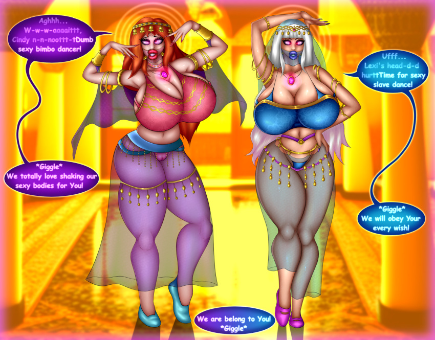 2girls adekvatx bimbo bimbo_lips brainwashing english_text female harem harem_girl harem_outfit huge_ass huge_breasts jewelry midriff mind_control multiple_girls navel text thick_thighs wide_hips