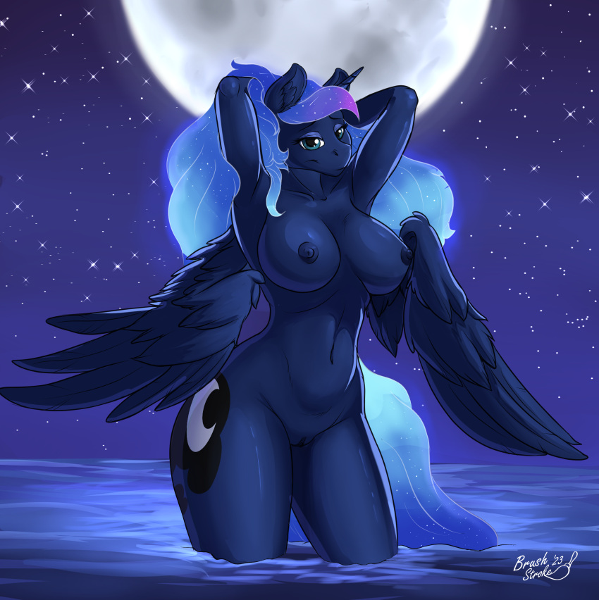 2020 2023 absurd_res alicorn anthro areola breasts brushstroke cutie_mark digital_media_(artwork) equid equine female friendship_is_magic full_moon genitals hasbro hi_res horn mammal moon my_little_pony nipples nude outside princess_luna_(mlp) pussy solo water wings