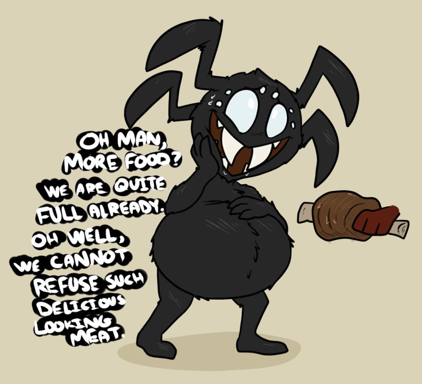 4_eyes anthro arachnid arthropod basic_background black_fur chubby chubby_male de-flator dialogue disembodied_hand dont_starve dont_starve_together fangs food holding_belly inflation klei_entertainment male male_only standing stuffed stuffed_belly stuffing sweat webber