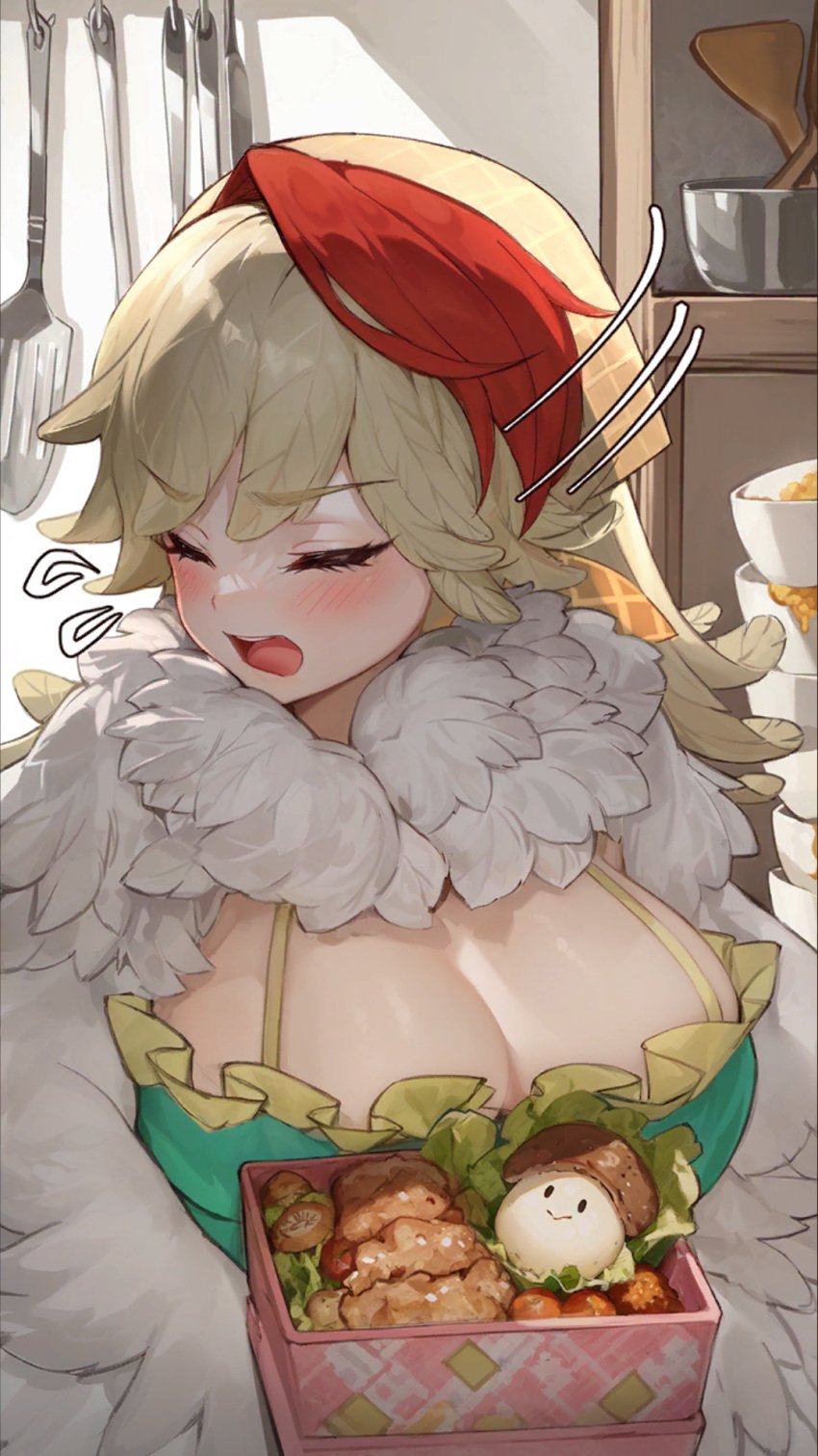 1girls bento bento_box big_breasts blush chicken_girl cleavage closed_eyes embarrassed feathered_wings feathers food game_cg isekai_slow_life looking_away multicolored_hair rachel_(isekai_slow_life) wing_hands