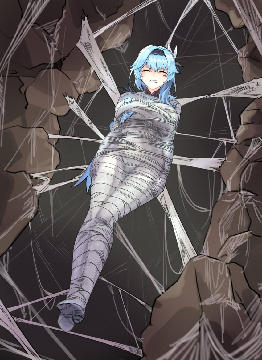 1girls blue_hair bondage bound breasts cave clenched_teeth closed_eyes cocoon eula_(genshin_impact) genshin_impact hi_res mummification restrained solo spider_web struggling sweat teeth_clenched tied tied_up web web_bondage