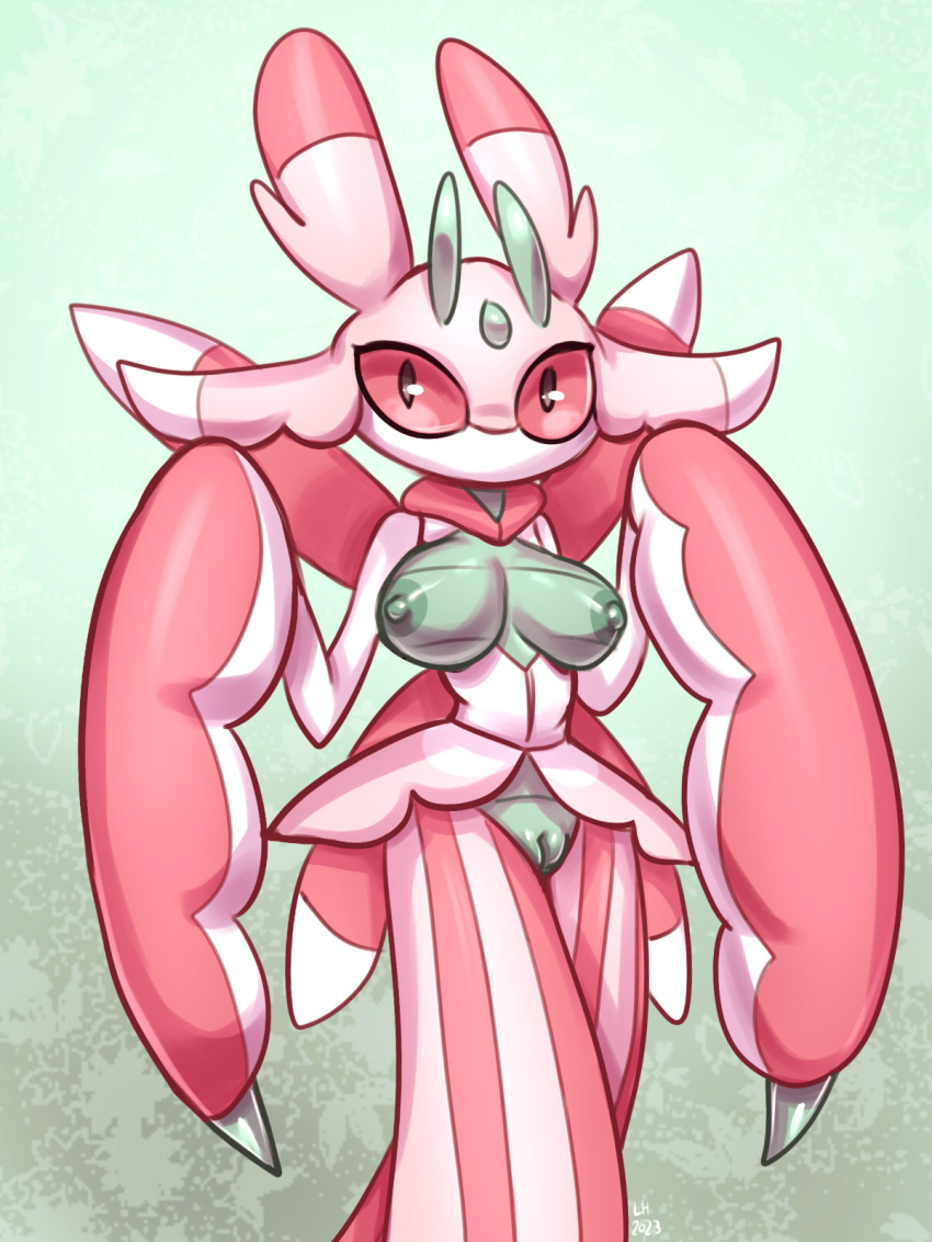 2023 anthro arthropod breasts female female_focus female_only front_view generation_7_pokemon genitals green_nipples hi_res looking_at_viewer lurantis nintendo nipples nude nude_female pink_body pokemon pokemon_(species) pokemorph portrait pussy skye3337 solo three-quarter_portrait