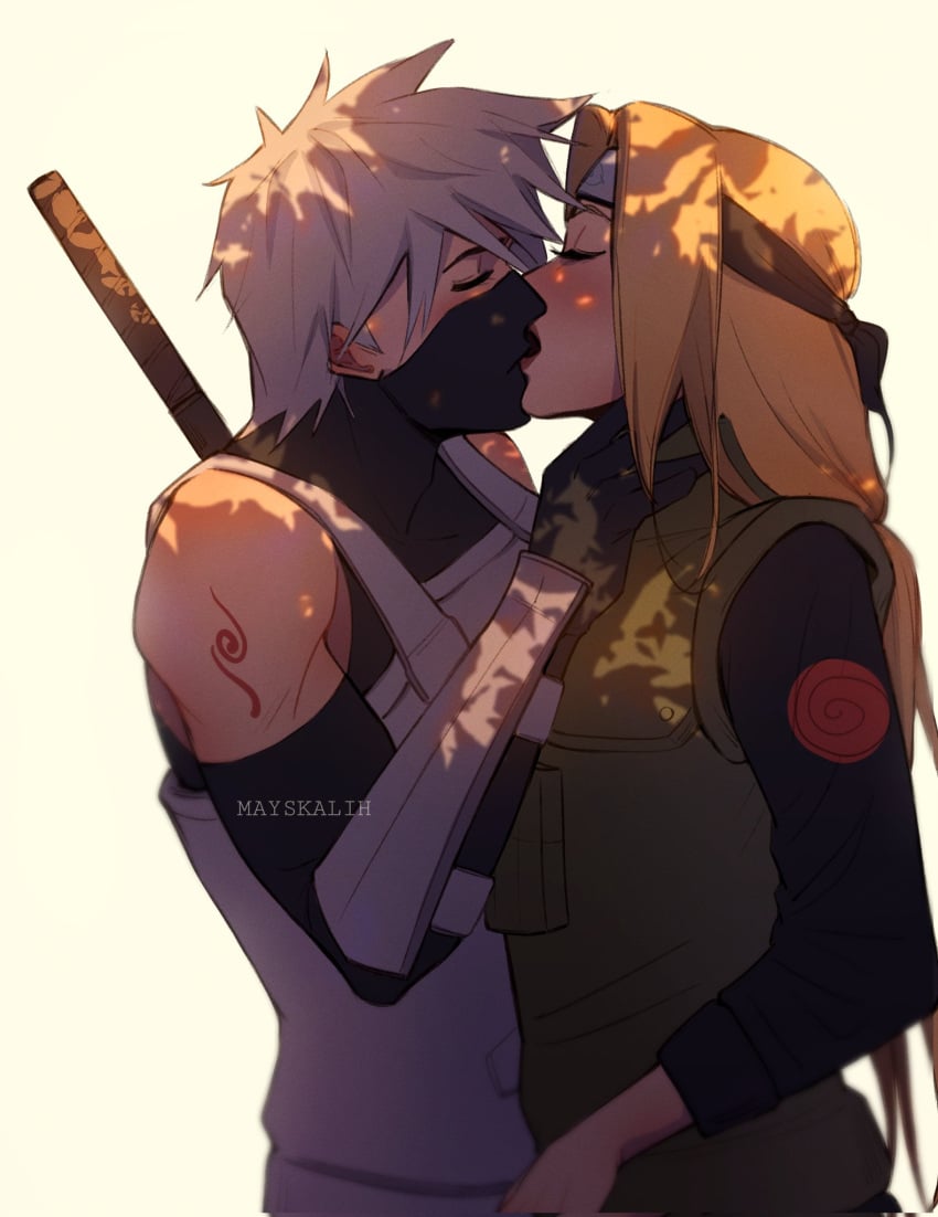 1boy 1boy1girl 1girls age_difference arm_tattoo blonde_hair blush closed_eyes clothed duo duo_focus female fully_clothed hatake_kakashi kissing male male/female masked mayskalih milf naruto naruto_shippuden older_female passionate passionate_kiss romantic romantic_couple sensual silver_hair straight tattoo tsunade white_hair younger_male