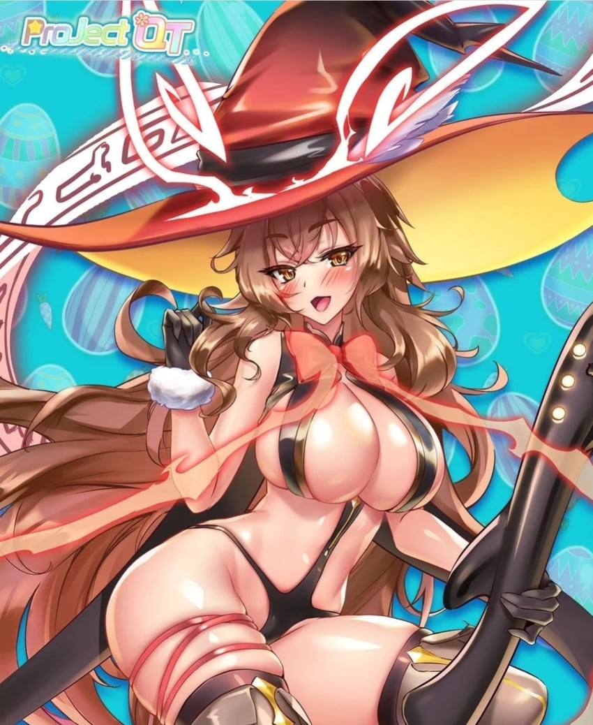 big_breasts brown_hair exposed_skin huge_hat pose project_qt roselyn_(project_qt) witch_hat