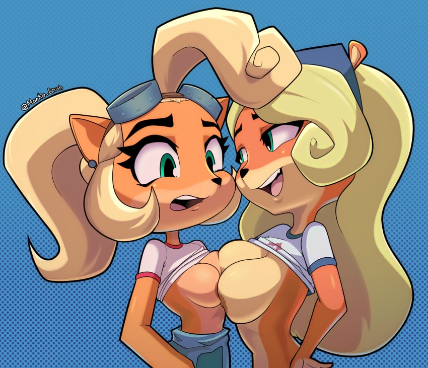 2girls asymmetrical_docking big_breasts blonde_hair breast-to-breast breast_press breast_to_breast breasts busty coco_bandicoot coco_bandicoot_(crash_of_the_titans) confident crash_(series) crash_bandicoot_(series) crash_of_the_titans ear_piercing face-to-face female female/female female_only furry green_eyes hand_on_hip large_breasts looking_at_another monke_brush nipples overalls ponytail sensual shirt shirt_lift shirt_up smile symmetrical_docking tagme top_lift voluptuous