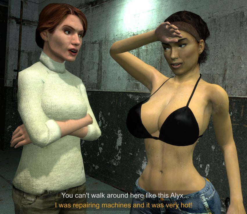 2girls 3d age_difference alternate_ass_size alternate_breast_size alyx_vance angry_face apertureman arguing big_ass big_breasts bikini bikini_top black_bikini black_bikini_top clothing green_eyes half-life half-life_2 highres judith_mossman large_breasts short_hair sweat sweatdrop sweating tagme text text_box tomboy valve valve_(company) wet wet_body wet_skin wide_hips