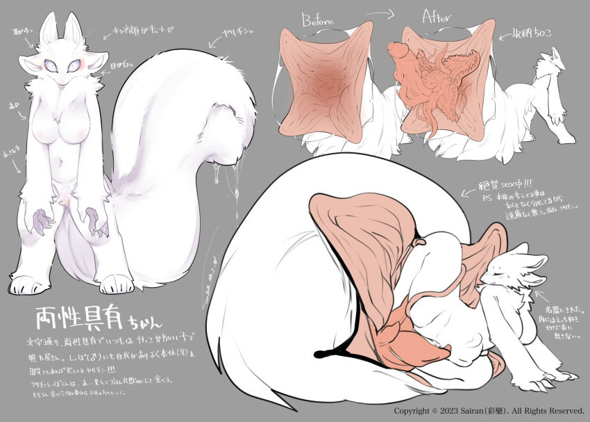 anthro breasts curvy_figure digital_media_(artwork) female fur hi_res japanese_text membrane_(anatomy) neck_tuft nude sirn_0121 solo tail tail_motion tail_mouth text tuft unusual_anatomy unusual_tail white_body white_fur