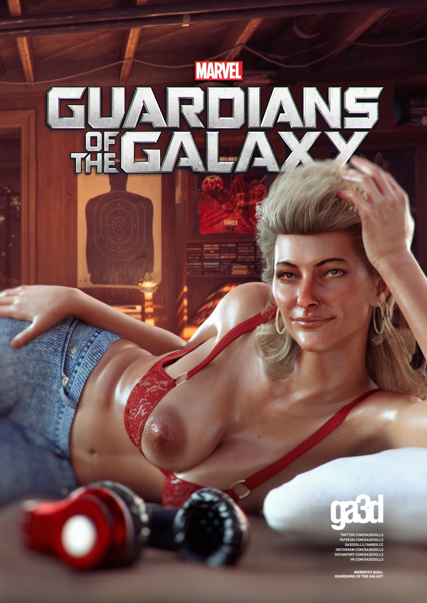 1girls 2d_(artwork) 3d basement bed bedroom big_breasts blonde_hair bra female female_only ga3ddolls guardians_of_the_galaxy guardians_of_the_galaxy_(game) headphones jeans large_breasts lying marvel meredith_quill milf nipple_slip one_breast_out perm poster red_bra solo target