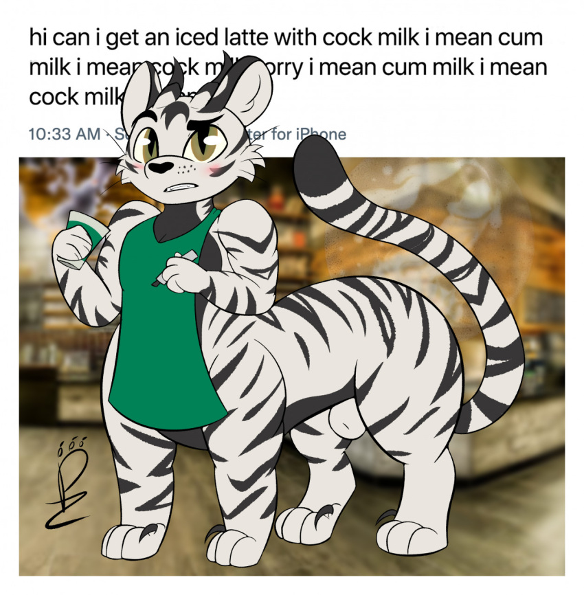 2021 adux animal_genitalia apron apron_only barista blurred_background blush clothing digitigrade dipstick_tail employee employee_uniform english_text felid felid_taur fur genitals hi_res holding_object i_mean_breast_milk iced_latte_with_breast_milk male male_only mammal mammal_taur markings meme pantherine pantherine_taur pawzzypawzbourne photo_background photography_(artwork) quadruped sheath signature solo standing starbucks striped_body striped_fur stripes tail tail_markings taur text tiger tiger_taur white_body white_fur