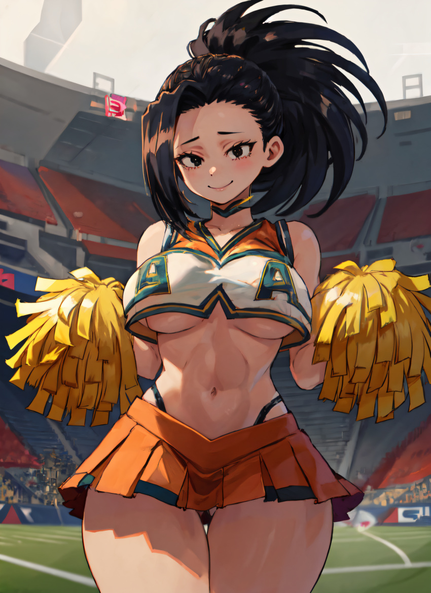 1girls ai_generated big_breasts black_eyes black_hair boku_no_hero_academia cheerleader cheerleader_uniform hi_res large_breasts mabi_ai midriff momo_yaoyorozu my_hero_academia navel pom_poms ponytail thick_thighs thigh_gap u.a._cheerleader_outfit underboob wide_hips yaoyorozu_momo