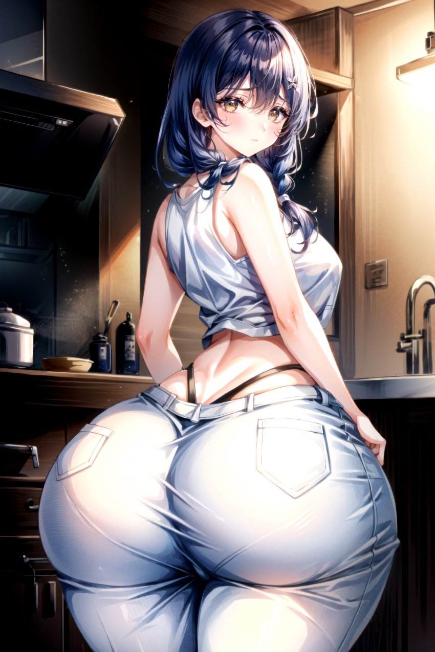 1girls ai_generated anime blue_hair blush braid breasts detailed_background hair_over_shoulder huge_ass kitchen looking_at_viewer medium_hair narrow_waist neutral_expression shokugeki_no_souma stable_diffusion tadokoro_megumi thick_thighs white_pants white_shirt wide_hips xenomon