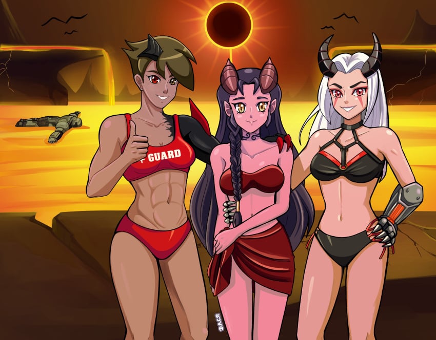 1boy 3girls abs asymmetrical_arms athletic athletic_female beach_episode bikini bikini_skirt black_bikini black_choker black_hair black_sun black_swimsuit black_tattoo brown_hair choker collar confident corruption cybernetic_arm cybernetic_limb cybernetics dahlia_(day_of_wrath) dark-skinned_female dark_skin day_of_wrath day_of_wrath_(doom_fanfic) demon demon_girl demon_horns demoness deniacp doom doom_(series) doom_slayer_(doom) doomguy eclipse elite_guard_(doom) fit fit_female funny grabbing_waist hand_on_another's_shoulder hand_on_another's_waist hand_on_hip hand_on_shoulder hazel_eyes hell infinitypilot lava lavafall lifeguard lifeguard_swimsuit light_skin light_skinned_female long_hair muscular muscular_female neck_tattoo original original_character original_characters praetor_suit red_eyes red_skin red_swimsuit robotic_arm robotic_arms robotic_limb robotic_limbs ruby_taylor_(day_of_wrath) shy sinister smile smiling solar_eclipse succubus succubus_horns summer swimsuit tattoo tattoo_on_neck thumbs_up waist_wrap white_hair yellow_eyes zeta_(day_of_wrath) zoe_thompson_(day_of_wrath)