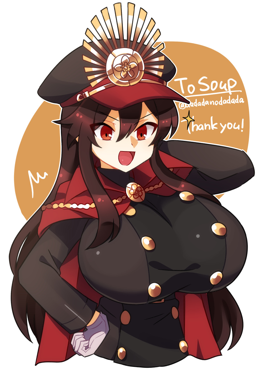 1girls alternate_breast_size black_hair breast_expansion cape dadadanoda fate/grand_order fate_(series) gloves hand_on_hip huge_breasts long_hair massive_breasts military_hat military_uniform navel oda_nobunaga_(fate) red_eyes smile solo solo_female