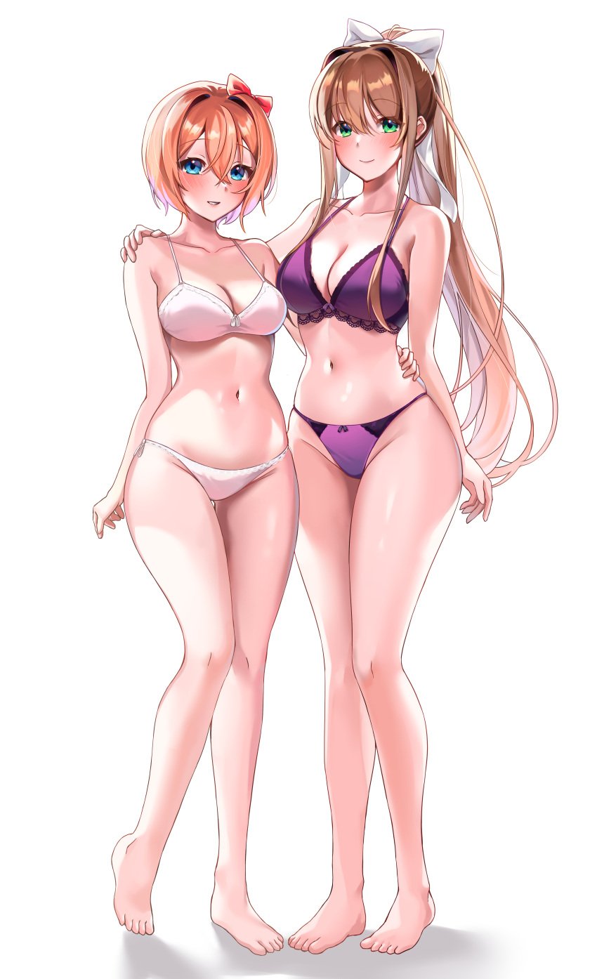 2girls bangs blue_eyes bow bra breasts cleavage curvaceous curvy curvy_female curvy_figure doki_doki_literature_club female female_focus female_only green_eyes hair_ribbon half_naked hand_on_shoulder hand_on_waist lace large_breasts lingerie looking_at_viewer machulanko medium_breasts midriff monika_(doki_doki_literature_club) panties ponytail purple_bra purple_underwear sayori_(doki_doki_literature_club) short_hair side-tie_panties smiling smiling_at_viewer standing stomach thighs underwear underwear_only white_background white_bow white_bra white_panties white_underwear