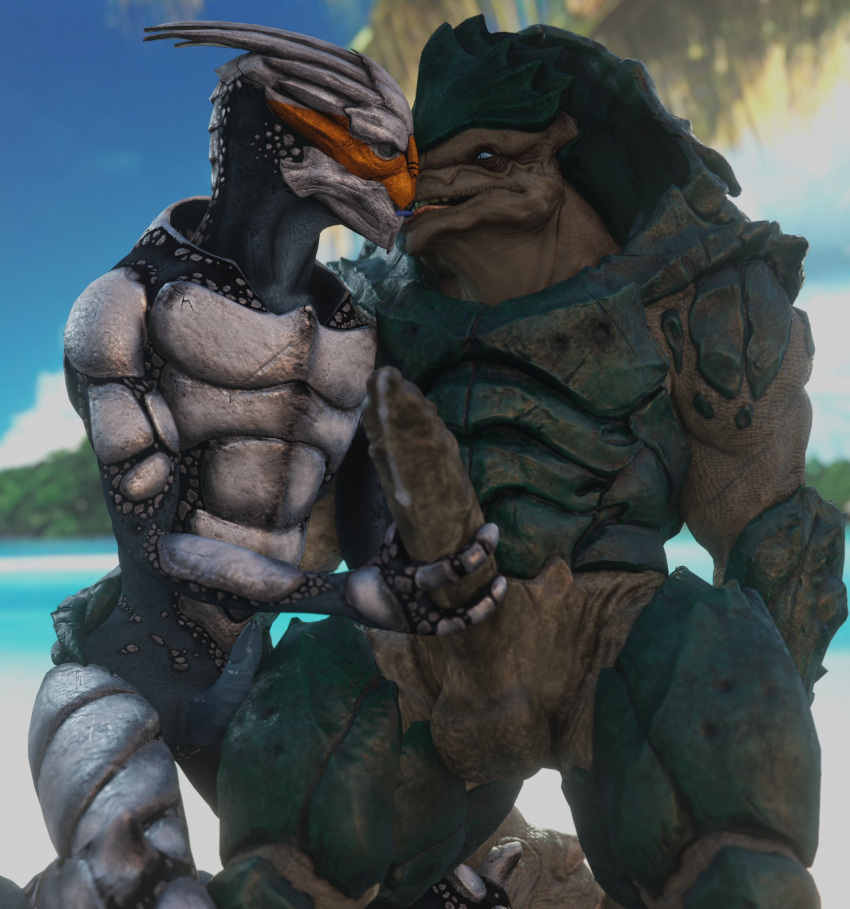 3d_(artwork) 4_balls alien balls beach big_balls big_penis bodily_fluids digital_media_(artwork) duo embrace erection foreskin gay genital_fluids genitals hand_on_hip handjob hi_res huge_balls huge_cock humanoid_genitalia humanoid_penis interspecies kissing kneeling krogan male male/male male_only mass_effect multi_balls multi_genitalia muscular muscular_male not_furry nude open_mouth outside palm_tree penile penis plant precum rooking sand sea seaside sex sky tree turian water