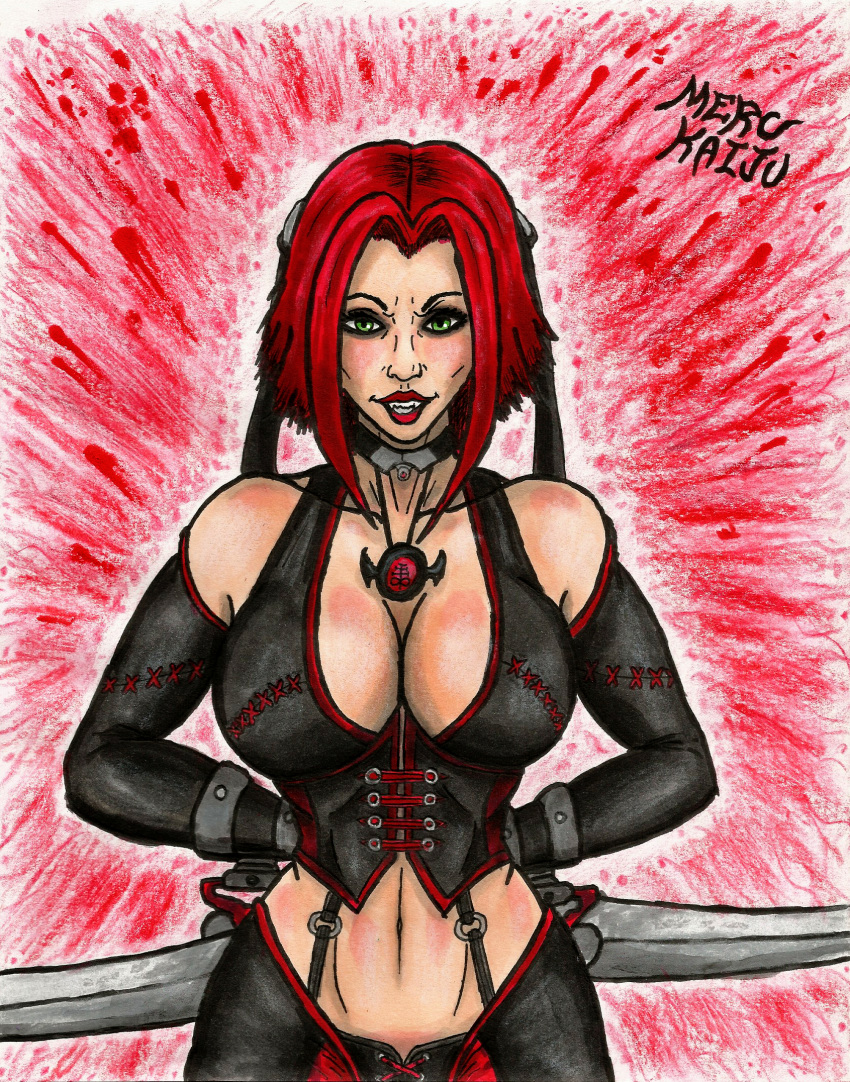 1girls big_breasts blades blood bloodrayne breasts choker cleavage clothed clothed_female corset curvy curvy_female dhampir elbow_gloves fangs female female_focus female_only fit_female fully_clothed green_eyes hair_ribbon half_vampire hands_behind_back holding_weapon hourglass_figure large_breasts leather leather_clothing leather_gloves looking_at_viewer medium_hair merc_kaiju midriff navel necklace pinup posing posing_with_weapon rayne red_hair red_lipstick ribbons self_upload short_hair skin_tight skin_tight_outfit smile solo solo_female standing teeth teeth_showing tight_clothing traditional_art traditional_drawing_(artwork) traditional_media traditional_media_(artwork) vampire vampire_fangs weapons