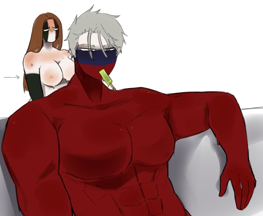 1boy 1girls big_breasts blush breasts brown_hair countryhumans countryhumans_girl grey_hair ice_cream idkcocco male_focus mexico_(countryhumans) muscular muscular_male red_body red_skin russia_(countryhumans) simple_background white_background white_body white_skin