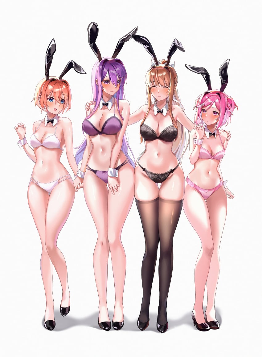 4girls ass_visible_through_thighs bare_legs big_breasts black_bra black_panties black_underwear bowtie bowtie_collar bra breasts bunny_ears cleavage closed_eyes collar cuffs curvaceous curvaceous_figure curvy doki_doki_literature_club female female_only fingers_in_hair hair_ribbon hand_holding heels holding_hands lace large_breasts lingerie long_hair machulanko medium_breasts midriff monika_(doki_doki_literature_club) multiple_girls natsuki_(doki_doki_literature_club) navel nervous panties pink_bra pink_panties ponytail purple_bra purple_panties purple_underwear sayori_(doki_doki_literature_club) small_breasts smiling stockings stomach thick_thighs thighs underwear underwear_only voluptuous voluptuous_female white_background white_bra white_panties white_underwear yuri_(doki_doki_literature_club)