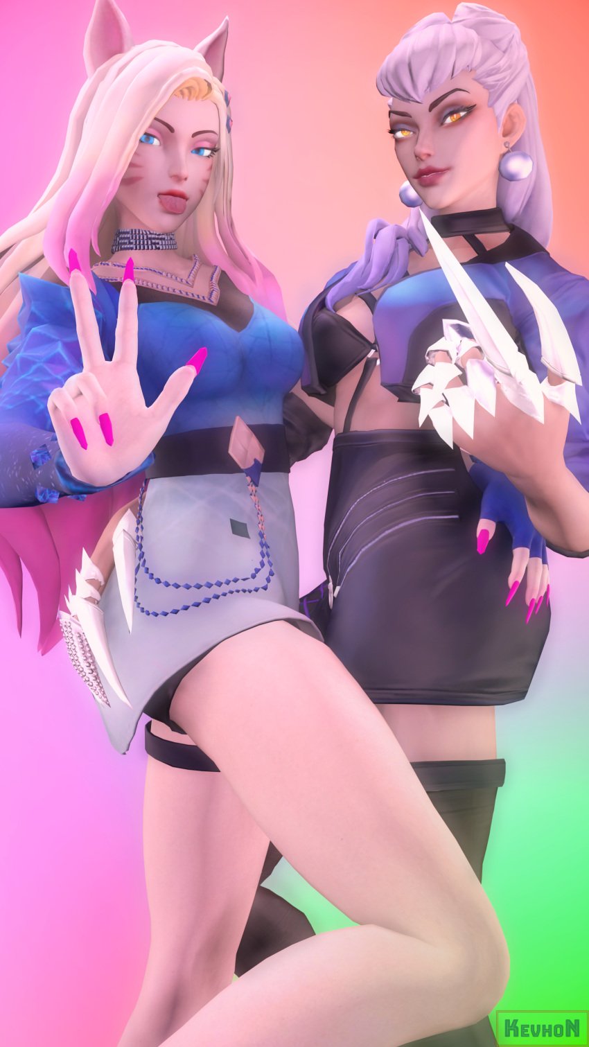 3d 9_tails ahri bra breasts claws dress duo duo_female evelynn eyeshadow females_only gradient_background holding_ass jacket k/da_all_out_ahri k/da_all_out_evelynn k/da_all_out_series kevhon league_of_legends lipstick looking_at_viewer nail_polish nine_tailed_fox skirt source_filmmaker vastaya