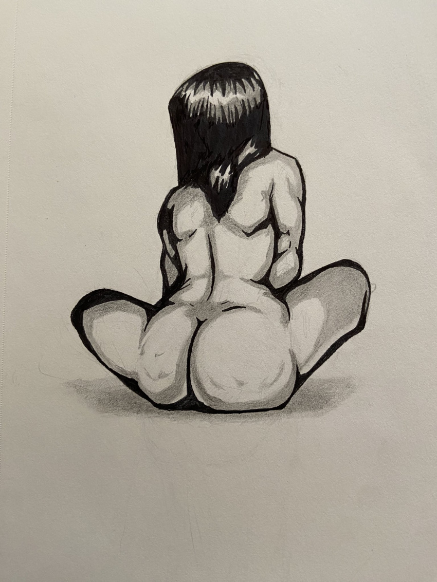 1girls anziosta ass big_ass black_hair character_request completely_nude completely_nude_female copyright_request female female_only full_body long_hair naked naked_female nude nude_female rear_view sketch solo solo_female traditional_media